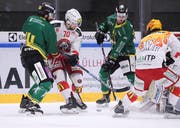 Die Thurgauer Josh Primeau und Fabio Hollenstein gegen Samuele Pozzorini (Zweiter von links) und Anthony Nigro. (Bild: Mario Gaccioli)