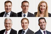 Toni Brunner, Roland Rino Büchel, Barbara Keller-Inhelder (obere Reihe v.l.), Thomas Müller, Lukas Reimann und Michael Götte (untere Reihe v.l.). (Bilder: Keystone)