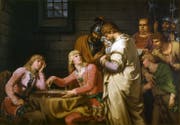 Konradin von Schwaben und Friedrich von Österreich spielen Schach, als ihnen das Todesurteil verkündet wird. Bild: Historienbild von Johann Tischbein; Original im Bestand des Schlossmuseums Gotha.