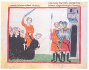 Die Zeichnung zeigt die Enthauptung Konradins auf dem Marktplatz von Neapel 1268. Bild: Miniatur aus der Chronica des Giovanni Villani, zweite Hälfte 13. Jh., Vatikanstadt, Biblioteca Apostolica Vaticana, Cod. Chigi L VIII 296, fol. 112)