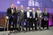 Jasper Van der Werff, Sandra Egger (FC St.Gallen-Staad), Willi Baumgartner (FC Schwanden), Ruedi Ledermann (FC Niederstetten), Christian Majoleth (FC Bonaduz), Brunello Iacopetta (FCO U19) und Edgar Camenisch(FC Bonaduz). (Bild:pd)
