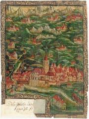 Die frei gestaltete Kirchturmlandschaft des Appenzellerlandes in einer Miniatur von Jakob Girtanner (1527–1600), datiert 1586. Im Vordergrund Appenzell, der Hauptort des damals noch ungeteilten Landes, oben rechts Herisau. (Bild: Landesarchiv Appenzell Innerrhoden, Appenzell)