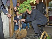 Zur Eröffnung des «Haus des Weines» wurden stilgerecht von Gemeindepräsident Bruno Seelos (l.) und Kantonsrat Bruno Damann Weintrauben geerntet. (Bild: Ulrike Huber)