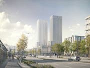 Das Projekt für ein neues Fussballstadion auf dem Zürcher Hardturm-Areal sieht auch zwei Hochhäuser mit Wohnungen und Büros vor. (Visualisierung) (Bild: KEYSTONE/HRS REAL ESTATE AG/NIGHTNURSE IMAGES GMBH)