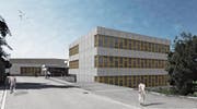 So soll die Erweiterung des Schulhauses Neudorf in Lütisburg von der Neudorfstrasse her betrachtet aussehen. (Bild: Visualisierung: PD)