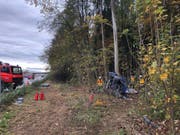 Ein Baum bremste schliesslich das Militärfahrzeug. Vier Personen wurden verletzt. (Bild: Kapo Solothurn)