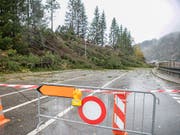 Kein Durchkommen: Ein umgestürzter Baum blockiert die Zufahrtstrasse zum Bahnhof in Airolo TI. (Bild: KEYSTONE/TI-PRESS/LUCA CRIVELLI)