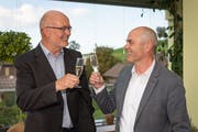 Sie haben in Menzingen die meisten Stimmen erhalten: Herbert Keiser (links) und Andreas Etter. (Bild: Christian H. Hildebrand, 7. Oktober 2018))