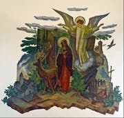Die hl. Idda von Toggenburg in Begleitung eines Hirsches mit Flammengeweih, eines Raben und eines Engels auf dem Weg zum Kloster Fischingen. Chorgemälde in der Wallfahrtskirche St. Iddaburg. (Bild: Andreas Faessler (Kirchberg, 29. August 2018))