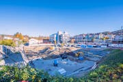 Grossbaustelle in St.Fiden: Hier entsteht die Überbauung «Vier Winkel» mit Hotel. (Bild: Urs Bucher)