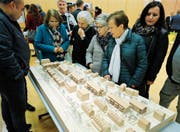 Interessierte begutachten am Informationsabend das Modell der geplanten Häuser in der Gartenstadt. (Bild: Stefan Kaiser (Zug, 12. November 2018))