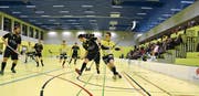 Vor 300 Zuschauern setzten sich die Rheintal Gators gegen United Toggenburg 6:4 durch – auch wenn in dieser Szene Kaj Oehler (rechts) hängen bleibt. (Bild: Yves Solenthaler)