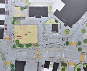 Der Platz wird gut 1000 m2 gross sein. Rechts von ihm liegen Weg, Gemeindehaus (oben) und die (nicht abgebildete) Schule praktisch auf einer Linie, der Bus erhält eine moderne Haltestelle. (Bild: pd)