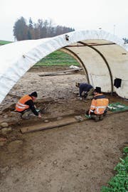 Vorsichtige Arbeit: In Sins haben Archäologen wertvolle Funde gemacht, die zurück bis zur Bronzezeit reichen. (Bild: Eddy Schambron)