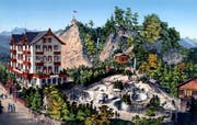 Postkarte des Gletschergartens um 1875. Inzwischen sind auch der Aussichtsturm (hinten links oben) sowie die Einsiedelei und das Kirchlein im Felsen gebaut.
