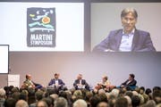 Diskutierten am Martini-Symposium im Businesspark Sursee über Kryptowährungen (von links): Ralf Glabischnig, Andreas Dietrich, Moderator Reto Lipp, Monika Roth und Thomas Meier. (Bild: Manuela Jans-Koch (22. November 2018))