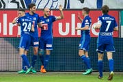 Der ganze FC Luzern hatte in der Rückrunde der Saison 2017/18 viel zu jubeln (von links): Ruben Vargas, Pascal Schuerpf, Valeriane Gvilia, Idriz Voca und Captain Claudio Lustenberger freuen sich über das Tor zum 1:0 gegen den FC Lugano. (Bild: Alexandra Wey/Keystone (Luzern, 5. Mai 2018))