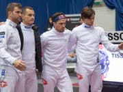 Die Schweizer Degenteam-Weltmeister (Benjamin Steffen, Lucas Malcotti, Max Heinzer, Michele Niggler von links) wurden in Bern in den Viertelfinals von Italien gestoppt (Bild: KEYSTONE/MARCEL BIERI)
