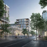 So stellen sich die Planer das Qube-Quartier vor. Links ist das 55 Meter hohe Hochhaus zu sehen. (Visualisierungen: PD/Migros Luzern)
