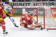 Der Zuger Stürmer Dennis Everberg (Nr. 45) im Duell mit dem Bieler Keeper Jonas Hiller. (Bild: Peter Schneider/Keystone (Biel, 24. November 2018)