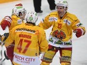 Biels Damien Brunner (rechts) feiert das 4:2 - sein persönlich dritter Treffer des Abends - gegen seinen ehemaligen Klub Lugano (Bild: KEYSTONE/TI-PRESS/ALESSANDRO CRINARI)