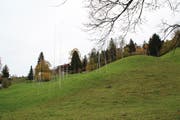 Die Bauvisiere für die geplanten sechs Mehrfamilienhäuser im Gebiet Büchel in Ulisbach stehen schon. Sie sind auch von der Ebnaterstrasse her gut sichtbar. (Bild: Martin Knoepfel)