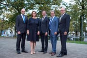 Der Chamer Gemeinderat (von links): Arno Grüter, Christine Blättler-Müller, Drin Alaj, Georges Helfenstein und Rolf Ineichen. (Bild: Maria Schmid (Cham, 7. Oktober 2018 ))