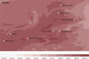 Die Temperatur-Zonen um 18 Uhr.