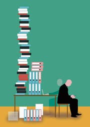 Kein Turm mit Unerledigtem ist zu hoch, um nicht noch schnell etwas anderes «Wichtiges» zu checken. Illustration: Patric Sandri