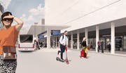 Der neue, behindertengerechte Busbahnhof zwischen Zentrum Dorfmatt und neuer Bahnhofsbebauung. (Visualisierung: PD)