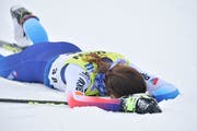 Erschöpft im Ziel: Nathalie von Siebenthal. (Bild: Jürgen Staiger, Davos, 16. Dezember 2018))