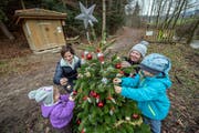 Sie schmücken den Weihnachtsbaum fürs Häxli Lilli Gwonder (von links): Mirjam Aregger (2), Renate Ambühl, Nadja Flückiger und deren Tochter Saskia (5). (Bild: Pius Amrein, Hergiswil, 19. Dezember 2018)