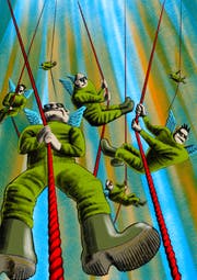 «Stark muskulöse Männer seilten sich aus dem Himmel ab.» – Das Swat-Team des lieben Gottes? (Illustration: Tiemo Wydler)