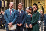 Hier in Minne: Prinz William, Prinz Harry, seine Frau Herzogin Meghan und Herzogin Catherine (v.l.). (Bild: Paul Grover/Getty (London, 11. November 2018))