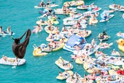 Eine Klippenspringerin vollführt ihren Sprung beim Cliff Diving Wettbewerb in Sisikon. (Bild: KEYSTONE/Urs Flüeler (Sisikon, 5. August 2018)