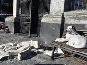 Schäden nach Erdbeben auf Sizilien: Ein Hund geniesst die Sonne zwischen von einer Fassade abgebrochenen Trümmern. (Bild: KEYSTONE/EPA ANSA/ORIETTA SCARDINO)