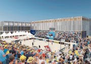Die Visualisierung zeigt, wie ein mögliches Beachvolleyball-Turnier bei der Sandsporthalle in Zukunft einmal aussehen könnte. (Bild: PD)