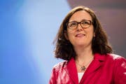 European Commissioner for Home Affairs Cecilia Malmstroem addresses the media on tackling human trafficking at the European Commission headquarters in Brussels, Monday April 15, 2013. (AP Photo/Geert Vanden Wijngaert)