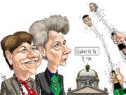 Viola Amherd und Karin Keller-Sutter sind gewählt, Hans Wicki und Heidi Z’graggen gehen leer aus. Karikatur: Silvan Wegmann
