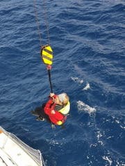 Susie Goodall bei ihrer Rettung durch ein Frachtschiff. (Bild: EPA/CHILEAN NAVY HANDOUT (Chile, 7. Dezember 2018))