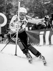 Die Skirennfahrerin Corinne Schmidhauser am 15. Februar 1987 am Slalom-Weltcup in Flühli. (Bild: Keystone / Str)