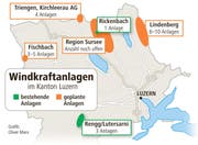 Windkraftanlagen im Kanton Luzern. (Bild: Grafik: Oliver Marx)