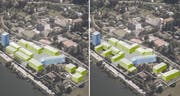 Zwei der Varianten, die für die Neugestaltung des Areals des alten Kantonsspitals im Gespräch sind. (Montagen pd)