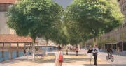 Ein Blick in die geplante doppelte Baumreihe an der Reuss. (Bild: pd/Visualisierung)