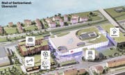 Übersicht über die Mall of Switzerland (Bild: Modell: Modellbau Milde Berlin / Grafik: Janina Noser)