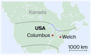 Zwei Städte, zwei Welten: Während Columbus das Gegenmodell zu Trumps Wirtschaftspolitik bildet und boomt, ist die Wirtschaft in Welch aus Sicht einer Ladenmitarbeiterin zusammengebrochen. (Bild: Karte: dem)