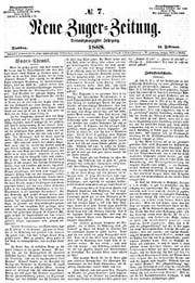Die Titelseite der Neuen Zuger Zeitung vom 15. Februar 1868