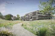 So werden sich die neuen Gebäude neben dem alten Milchhof-Gebäude gruppieren. (Bild: PD)