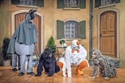 Tierische Versammlung auf der Escholzmatter Theaterbühne (von links): Esel (Ruedi Gerber mit Michèle Bieri), Hund (Stefanie Habegger), Hahn (Patrick Kaufmann) und Katze (Franziska Häfliger). (Bild: Pius Amrein (Escholzmatt, 24. November 2016))