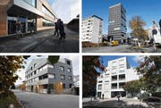 Ausgezeichnete Gebäude im Kanton Zug (von oben links im Uhrzeigersinn): Schulhaus Eichmatt in Cham, Hochhaus B125 in Zug, Alterswohnungen Neustadt 2 in Zug und AWZ Wohnbauten in Oberägeri. (Bilder Zuger Zeitung)